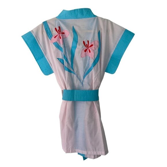 Lyre Bird Vintage Womens Robe Size Large Pink Floral Applique Short Belt Pockets - Picture 2 of 10